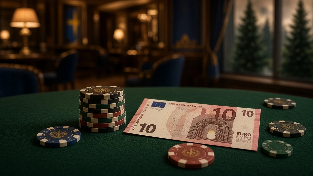 Litet casinospel med marker och en tioeurossedel på grön filtbord