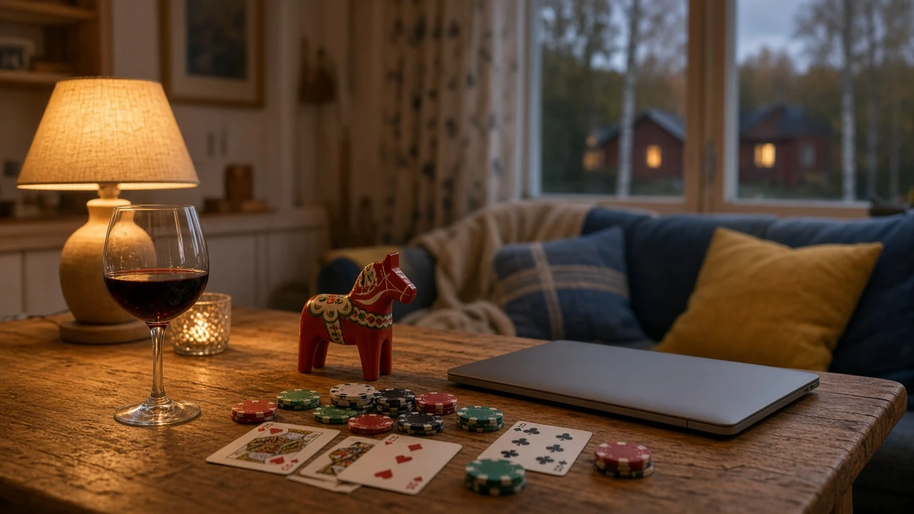 Stämningsfull svensk kväll med spelmarker, kort och ett stängt laptop på bordet