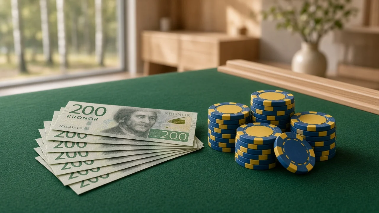 Svenska 200-kronorssedlar och färgglada casinomarker på grönt filtbord