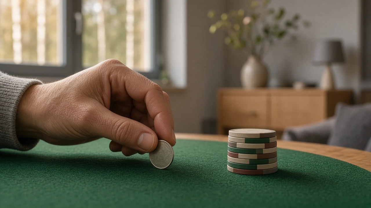 En hand som placerar ett mynt på ett casinobord med marker