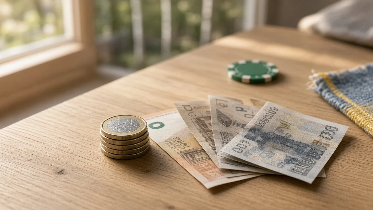 Femtio euro i mynt och sedlar bredvid svenska kronor på ett ljust bord