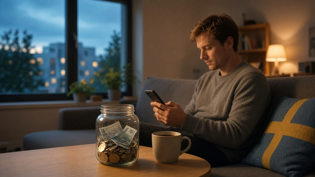 Person i svensk vardagsrum med kronor och mobiltelefon
