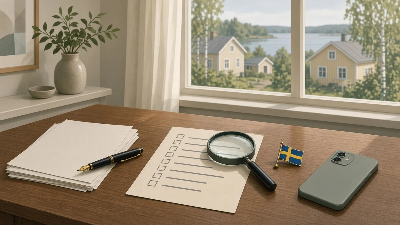 Redaktionellt skrivbord med pappersutkast, förstoringsglas och svensk flagga
