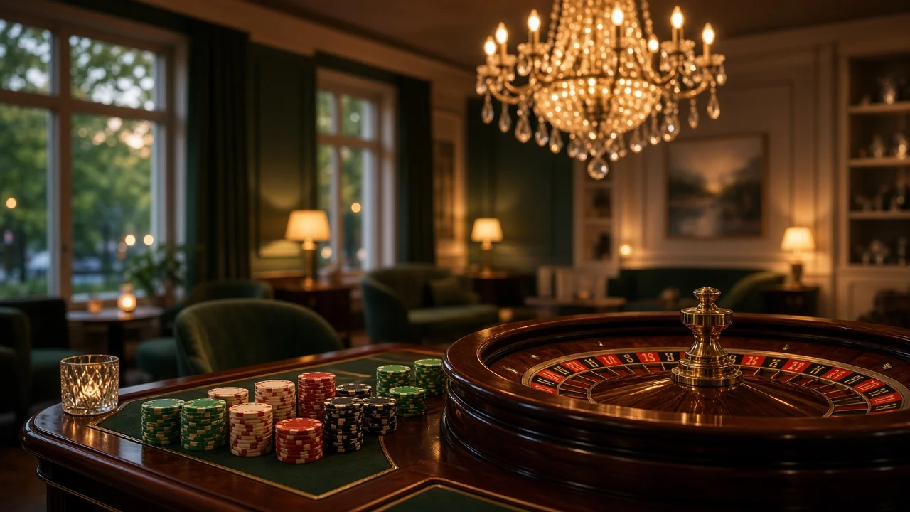 Elegant casinohall med roulettebord och gröna lampor