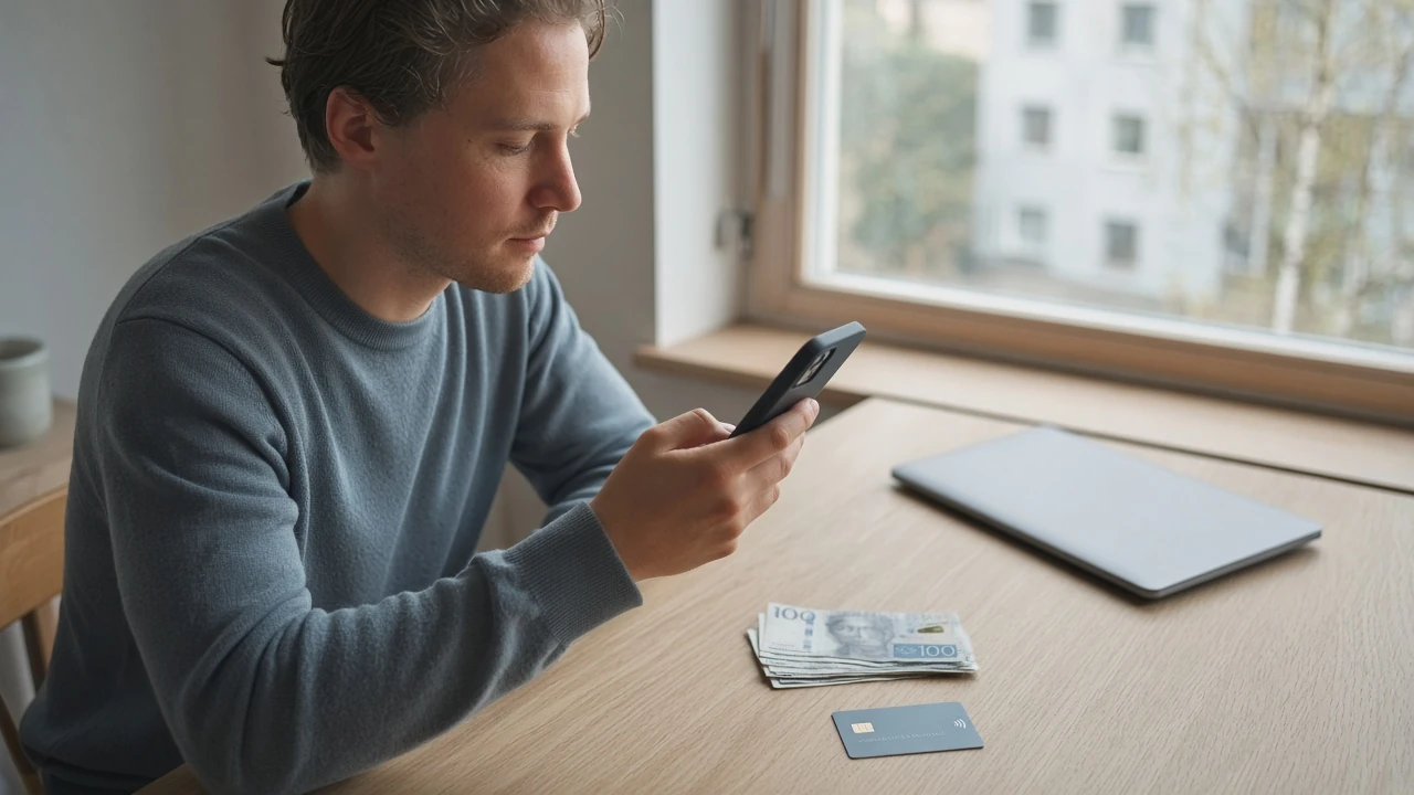 Svensk person med mobiltelefon och bankkort vid minimalistiskt bord