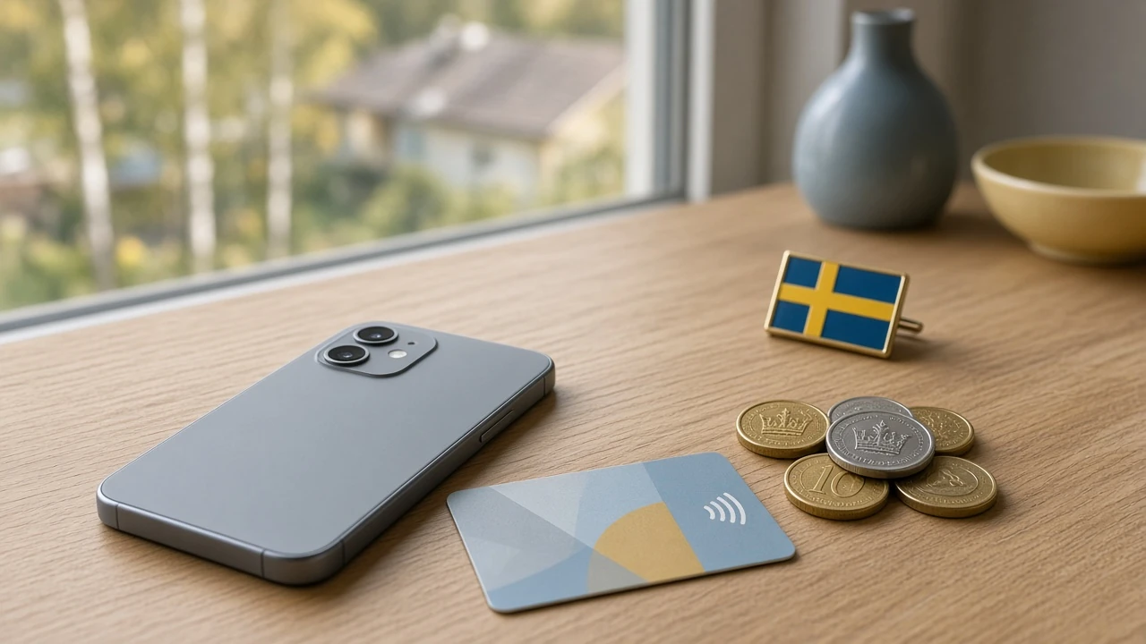 Smarttelefon och bankkort på ett skandinaviskt skrivbord med svenska kronor