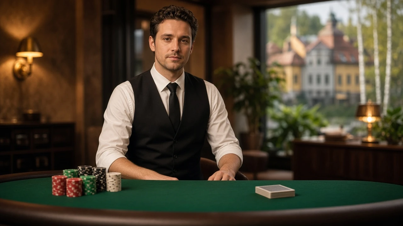 Live blackjack dealer vid ett casinobord i studio