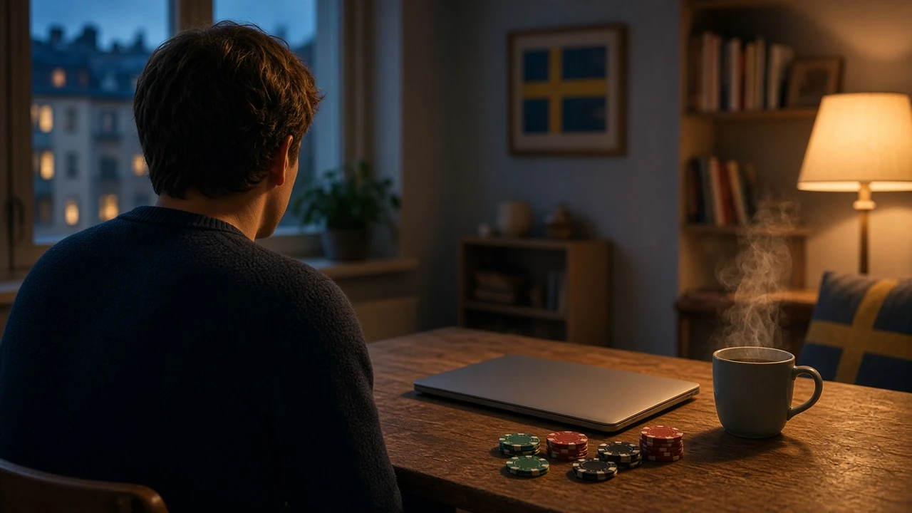 Svensk spelare vid bordet med blackjackmarker och stängd laptop