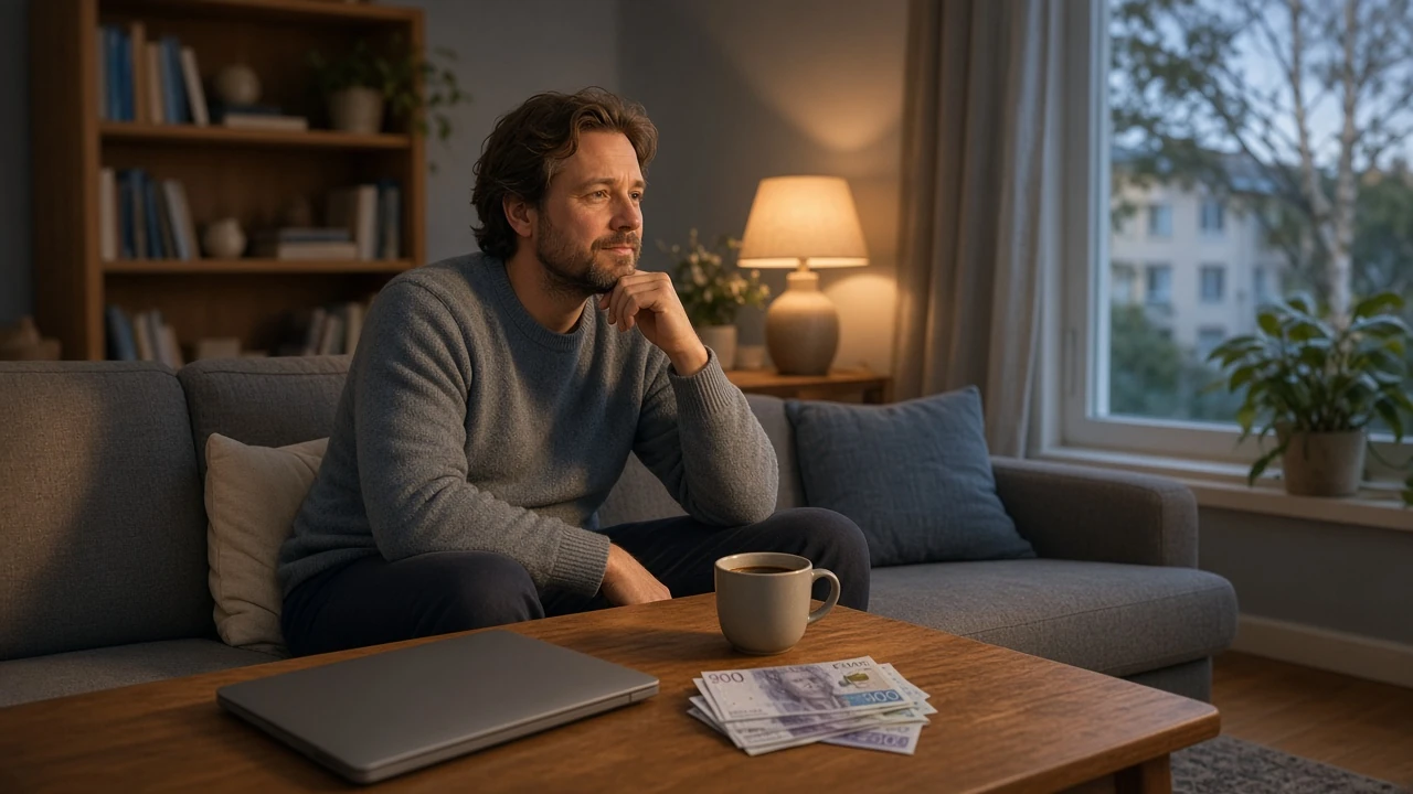 Person i svenskt vardagsrum med stängd laptop och svenska kronor