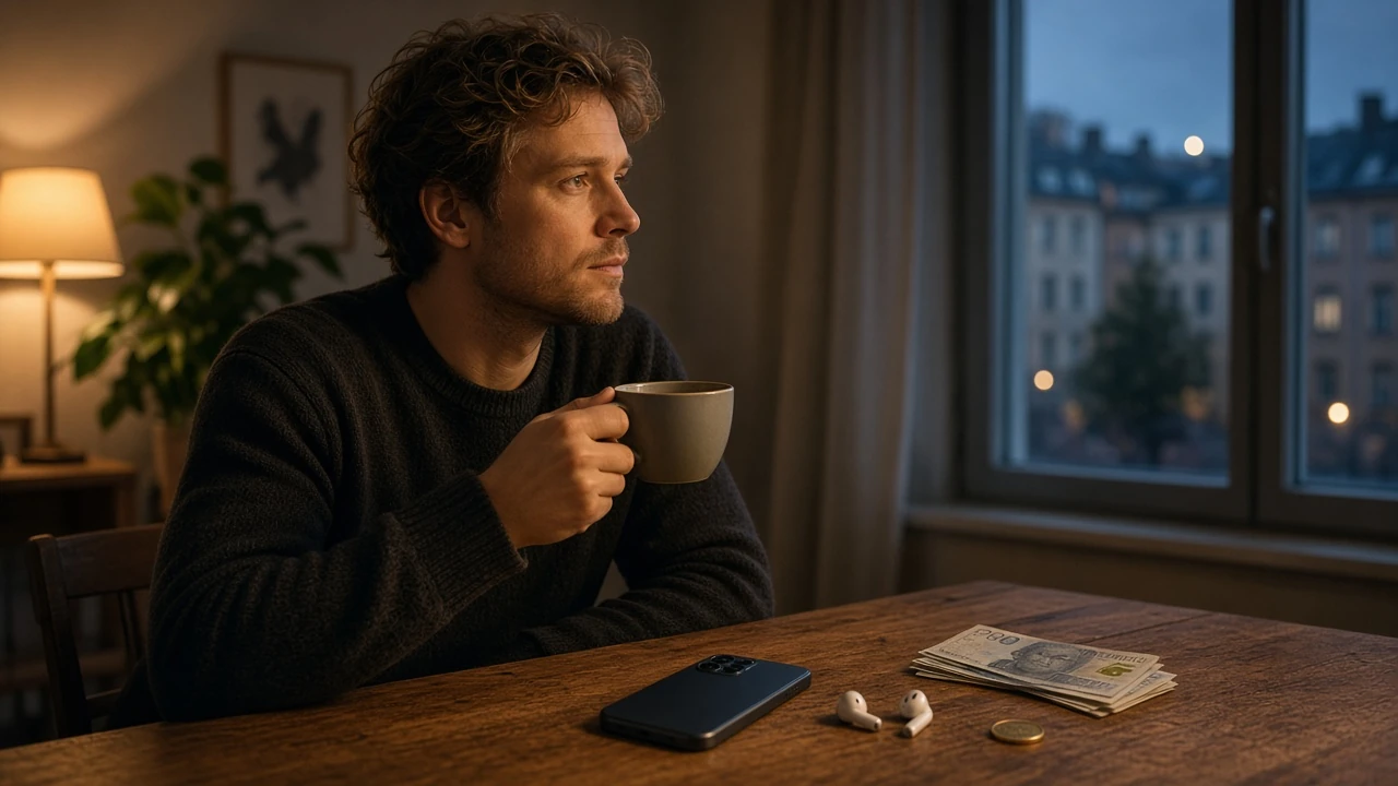Person med kaffe, telefon och svenska kronor vid bord