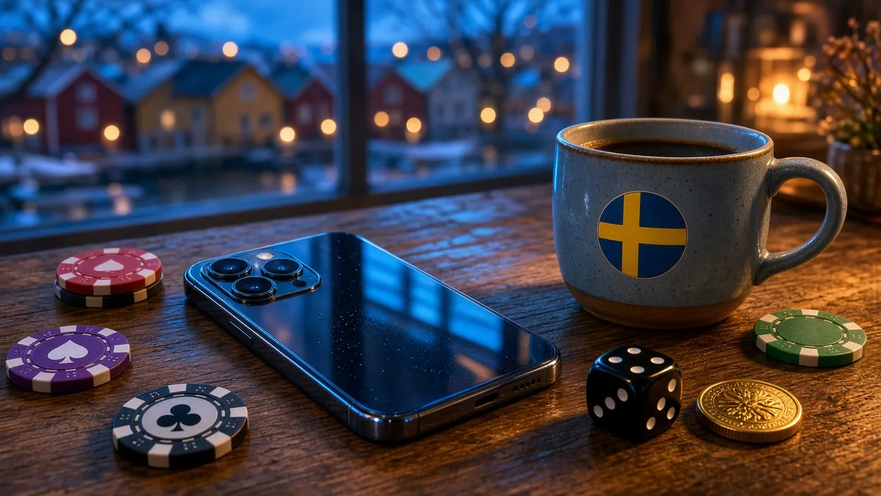 Smarttelefon med casinotema på ett svenskt bord