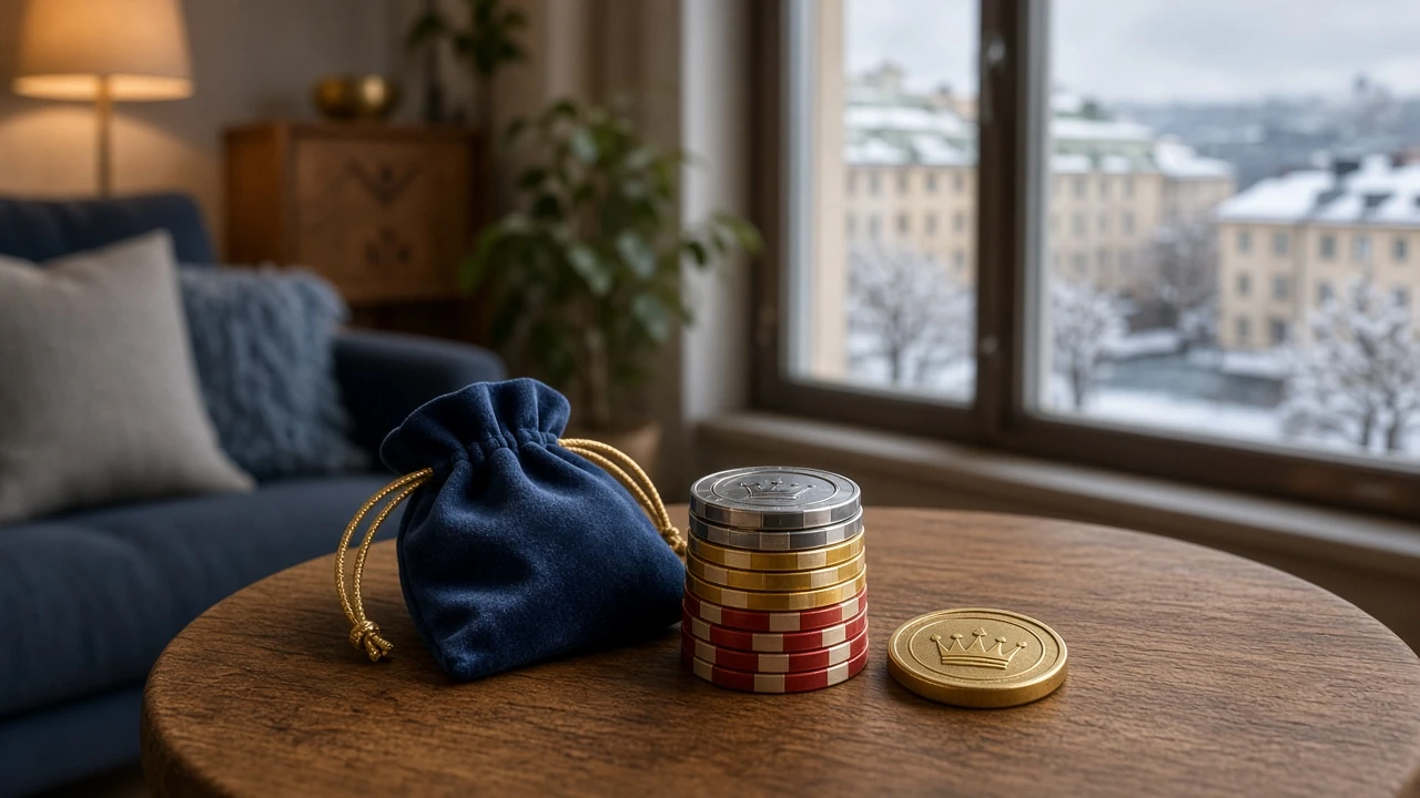 Casino-chips och guldmynt p ett sidobord i en ljus Stockholms-vardagsrum