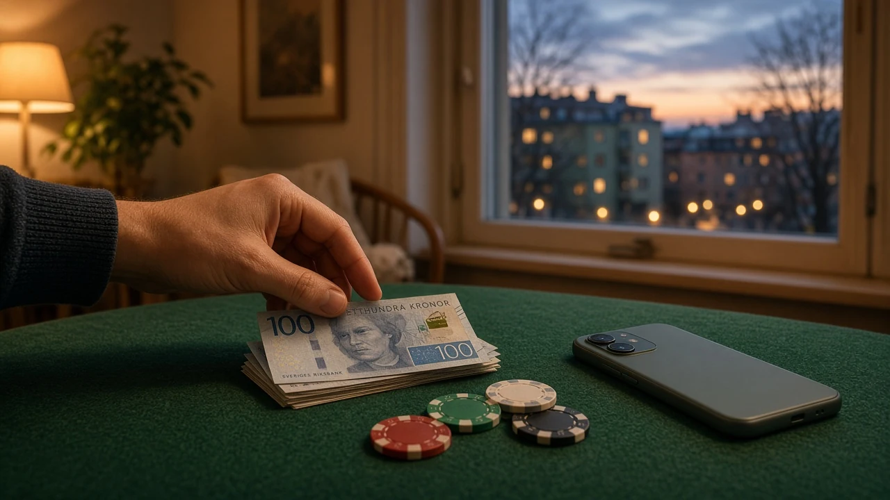 Svensk mynt och casinotärningar på ett bord i en lägenhet i Stockholm