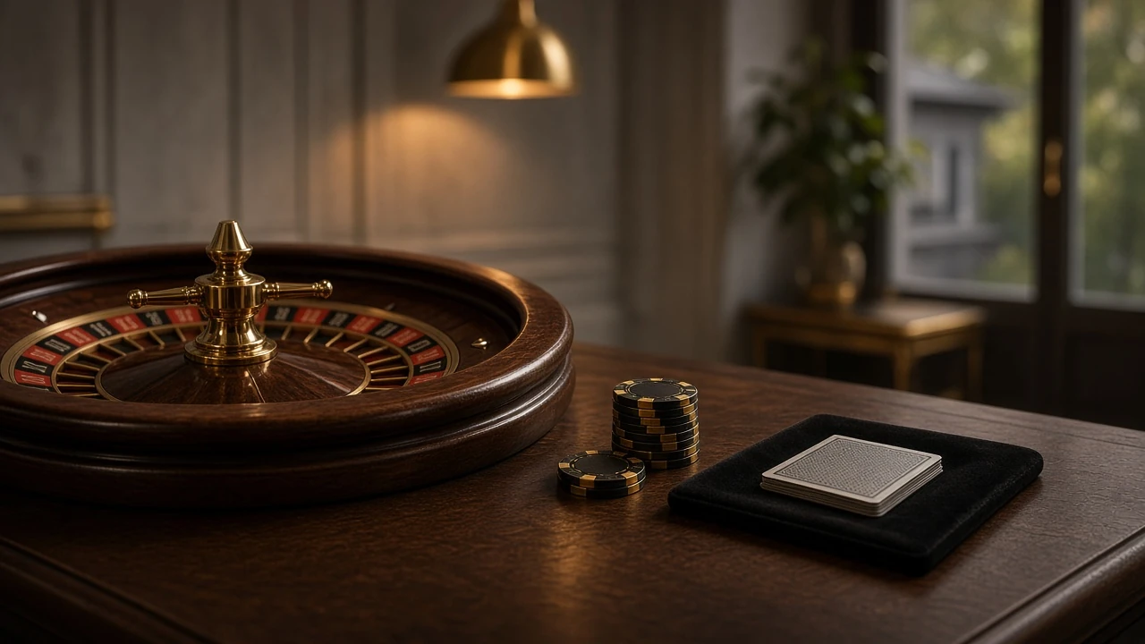 Casinobord med roulette, marker och kort i elegant skandinavisk miljö