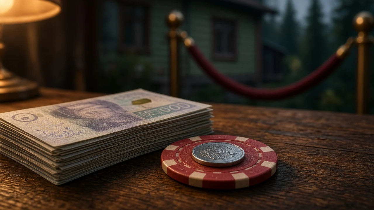 Svenska kronors sedlar och casinomarker på träbord