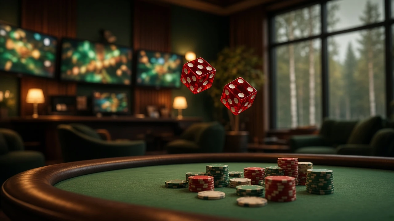 Tärningar i luften ovanför crapsbord med marker i svenskt nätcasino
