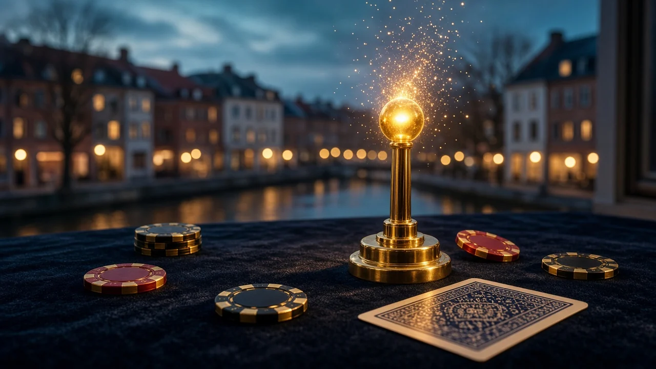 Gyllene casinospelsarm med gnistor och marker på mörk filtbord