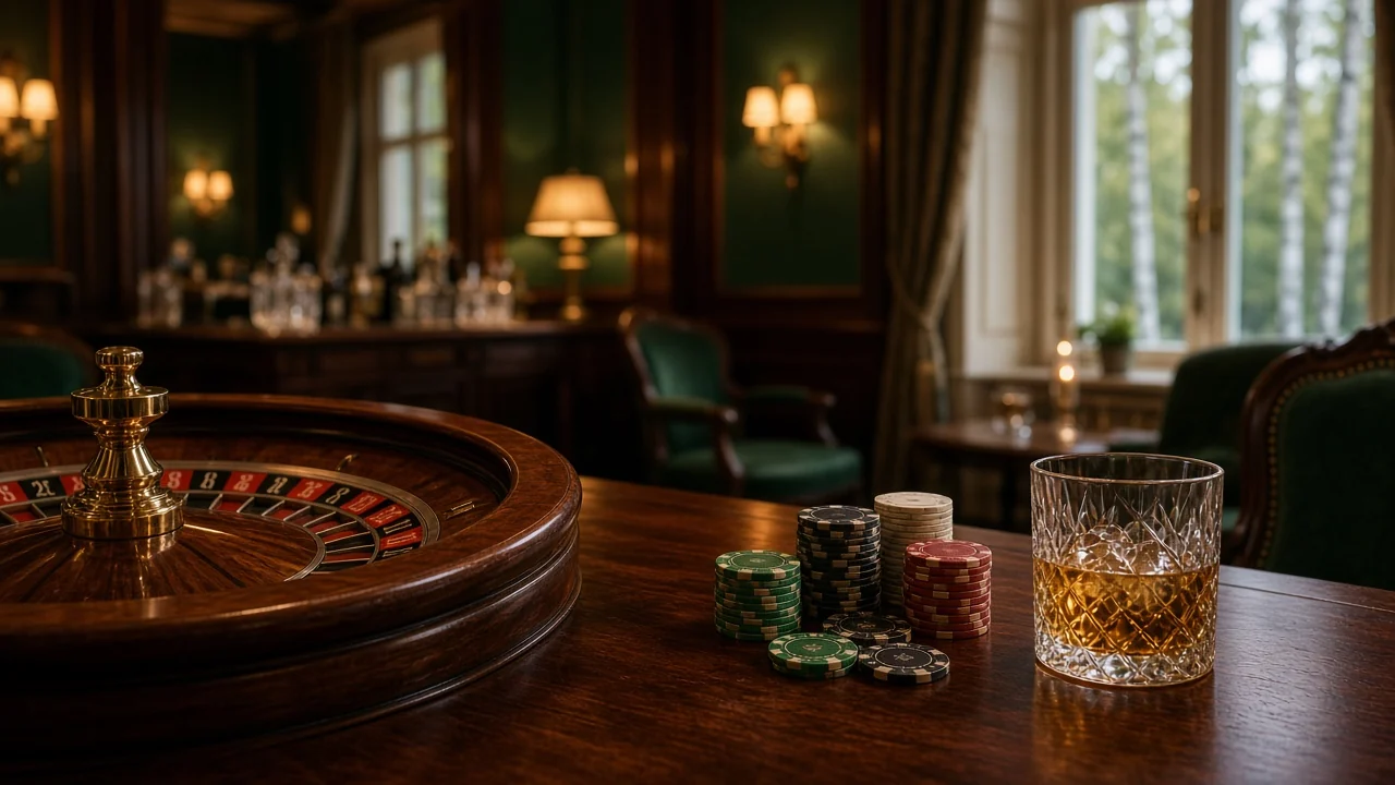 Elegant casinomiljö med roulettebord och marker i varm belysning