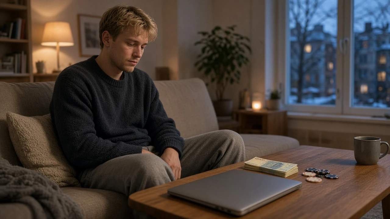 Avslappnad svensk spelare vid soffbord med stängd laptop och en liten hög spelmarker
