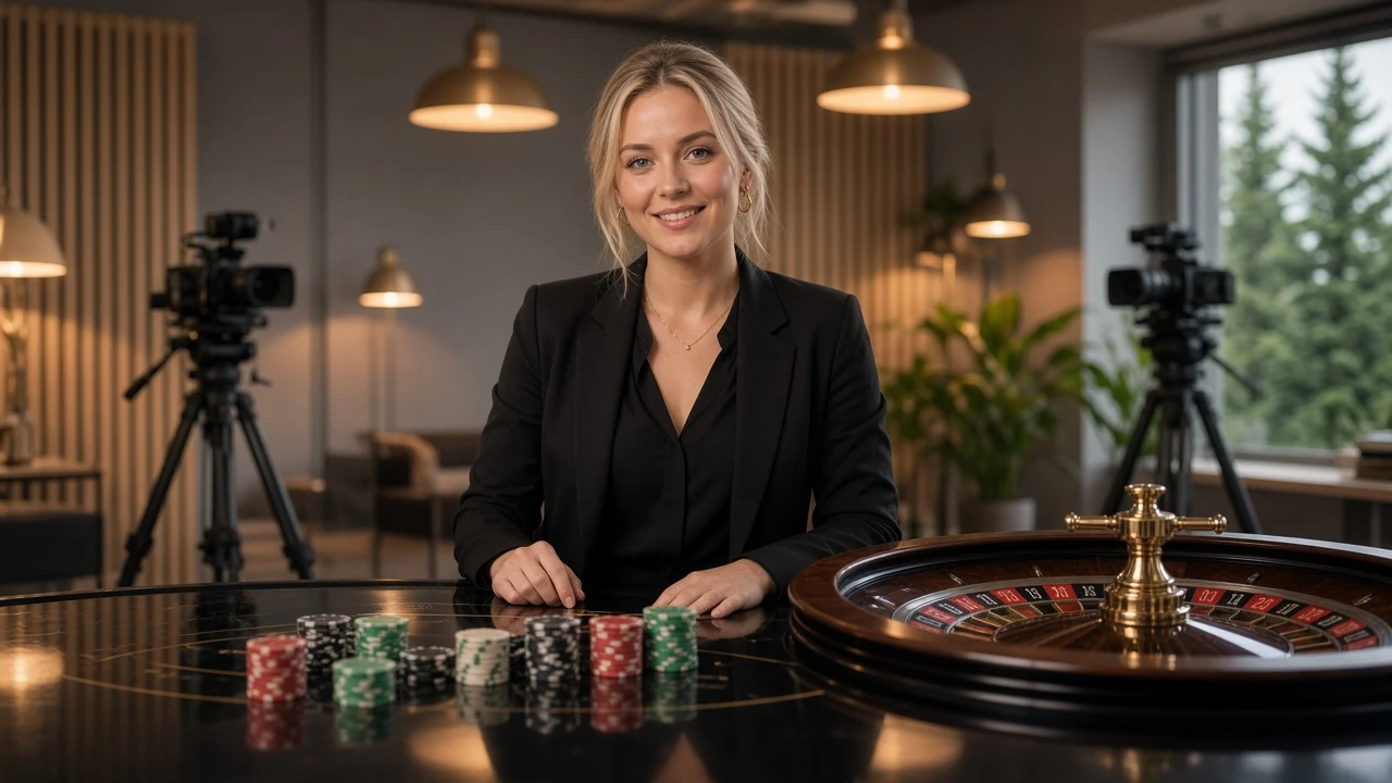 Professionell live dealer i modern casinostudio vid spelbord med jetonger och roulettehjul