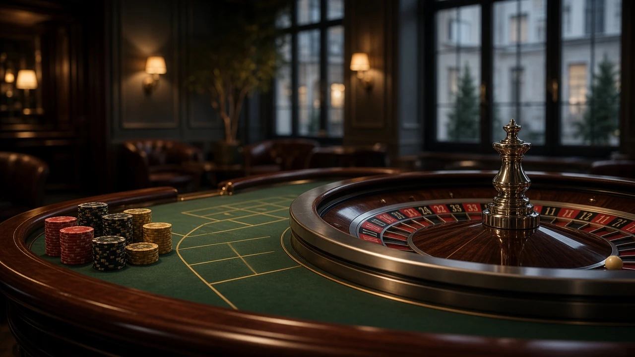 Elegant roulettebord med hjul och marker i lyxig casinomiljö