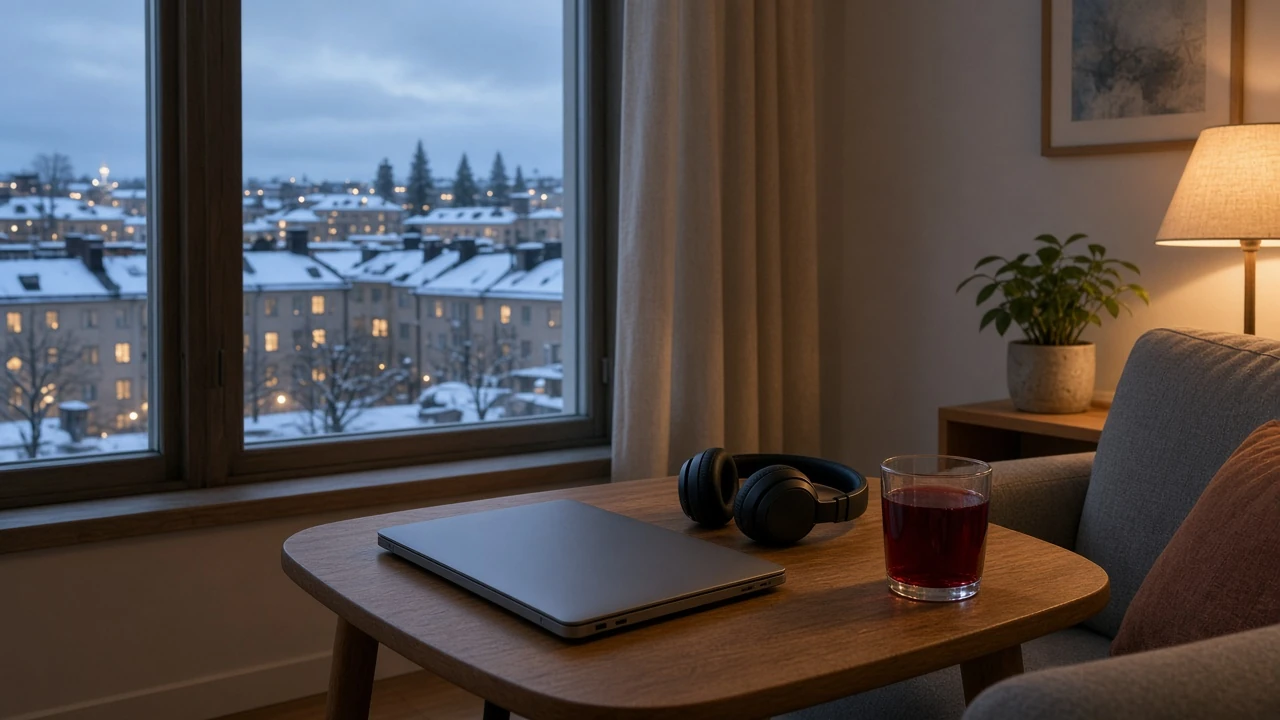 Modernt vardagsrum i Sverige med stängd laptop och hörlurar vid fönstret