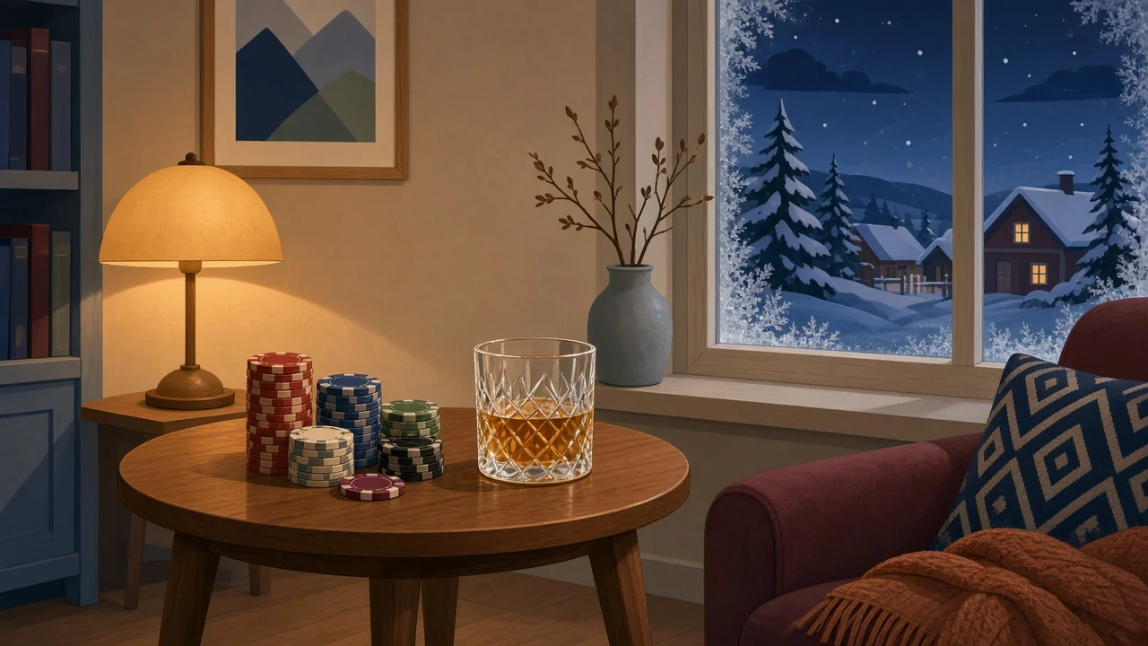 Skandinavisk vardagsrum med spelmarker och stämningsfull belysning