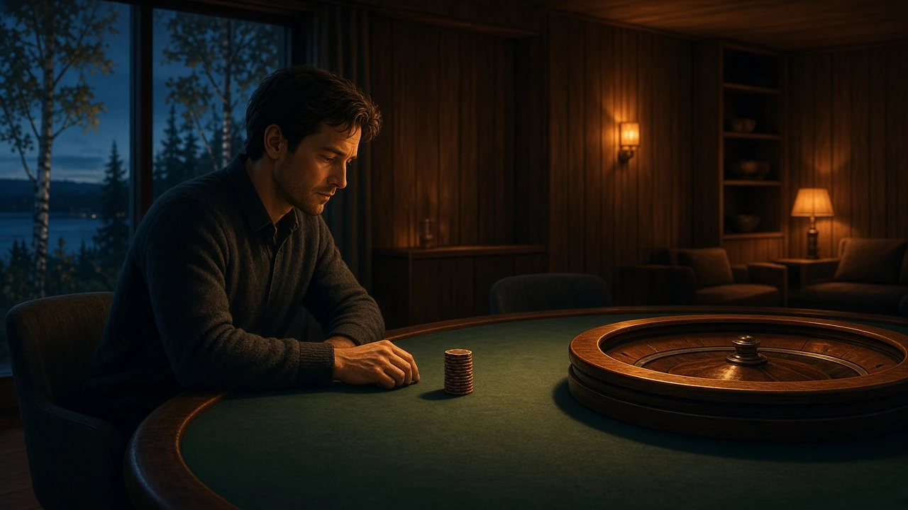 Eftertänksam spelare vid ett casinosällskapsbord i dämpat ljus
