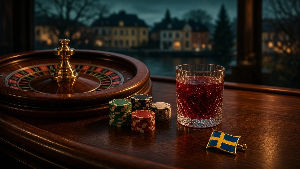 Casinobord med roulette, marker och svensk detalj i varm belysning