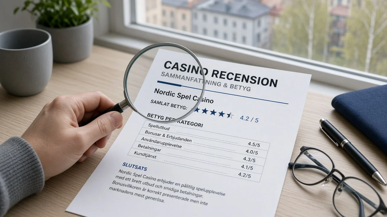 Hand granskar en casinorecension med förstoringsglas på ett skrivbord