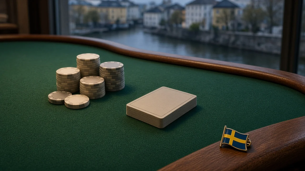 Casino bord med kortlekar, marker och en svensk flagga