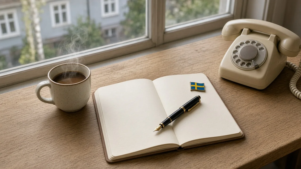 Svensk skrivbord med anteckningsbok, penna och telefon i dagsljus