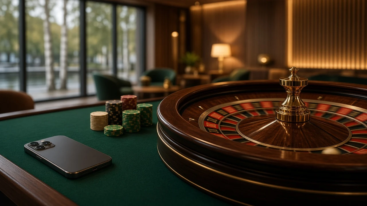 Roulettehjul och casinoklackar på ett elegant bord i Sverige