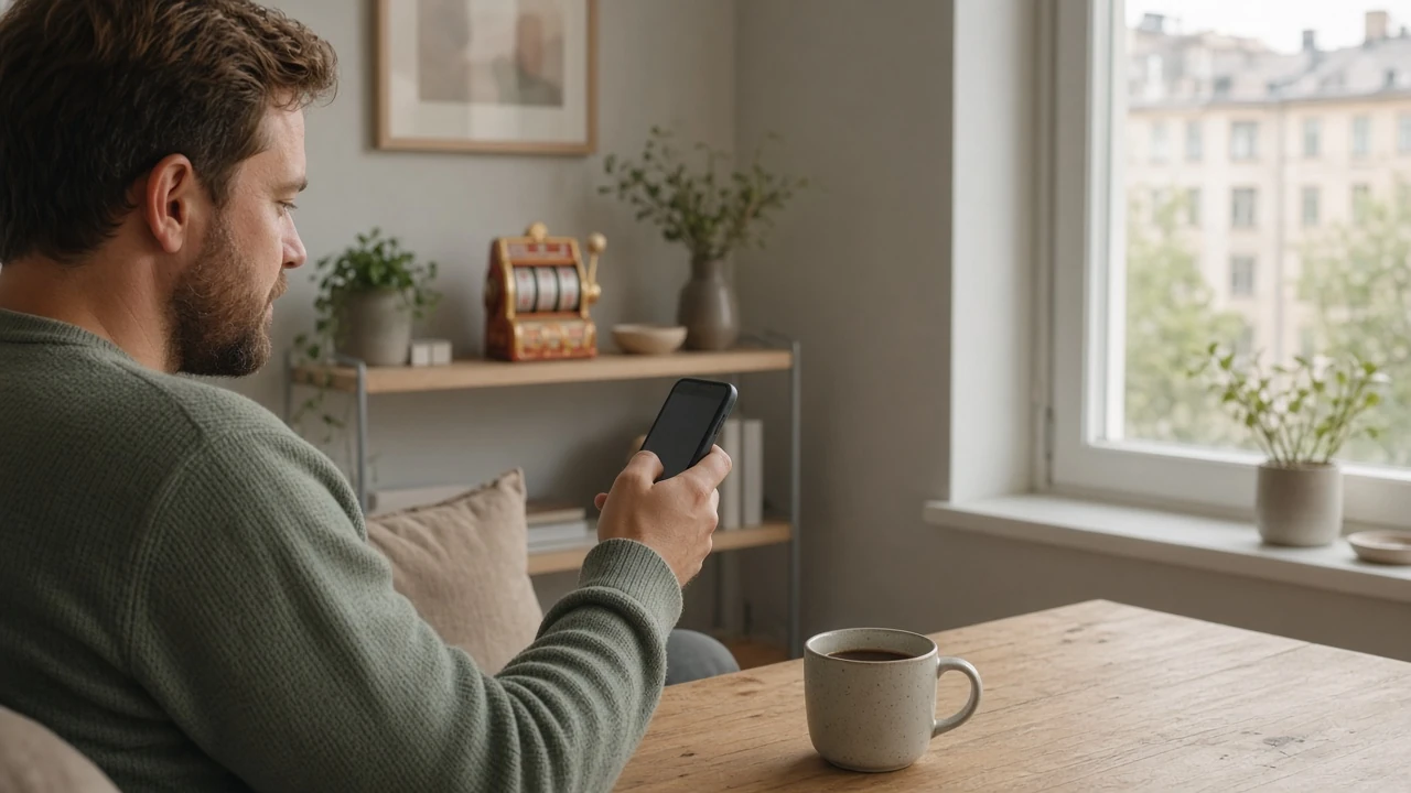 Svensk person med smartphone hemma i mysig Scandinavian miljö
