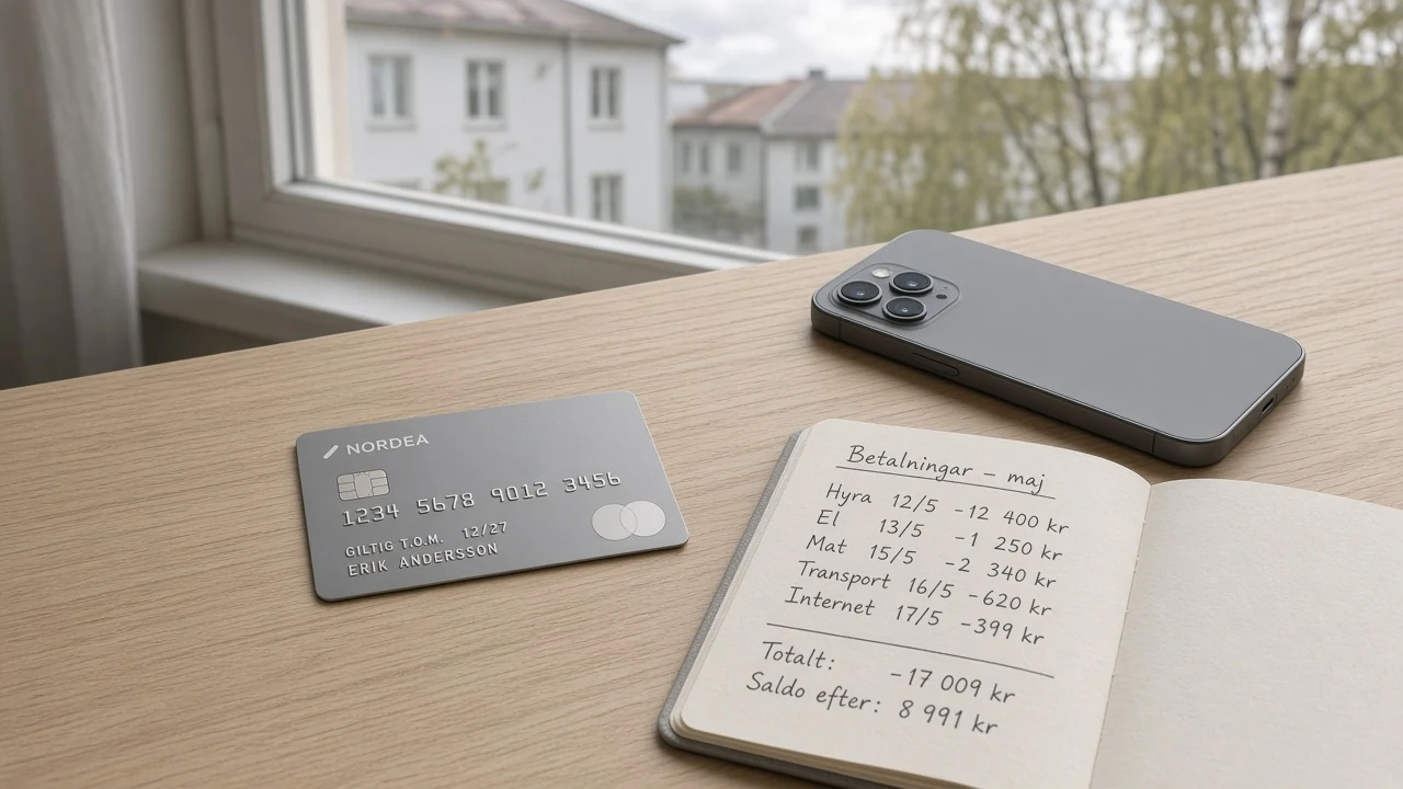 Bankkort och telefon på bord vid betalning