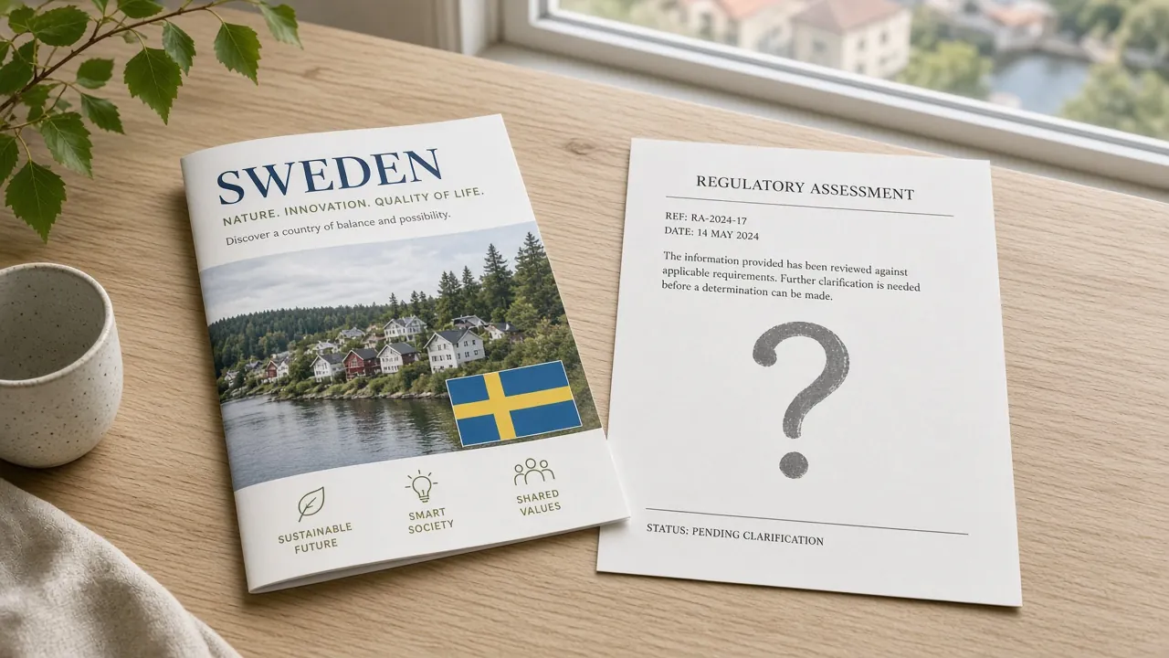 Svensk broschyr bredvid frågetecken på dokument