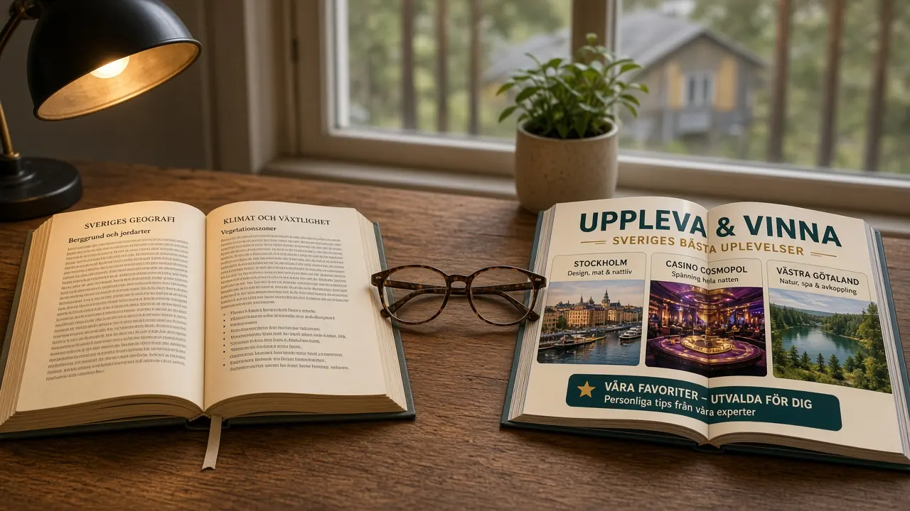 Två öppna böcker på skrivbord, fakta och guide
