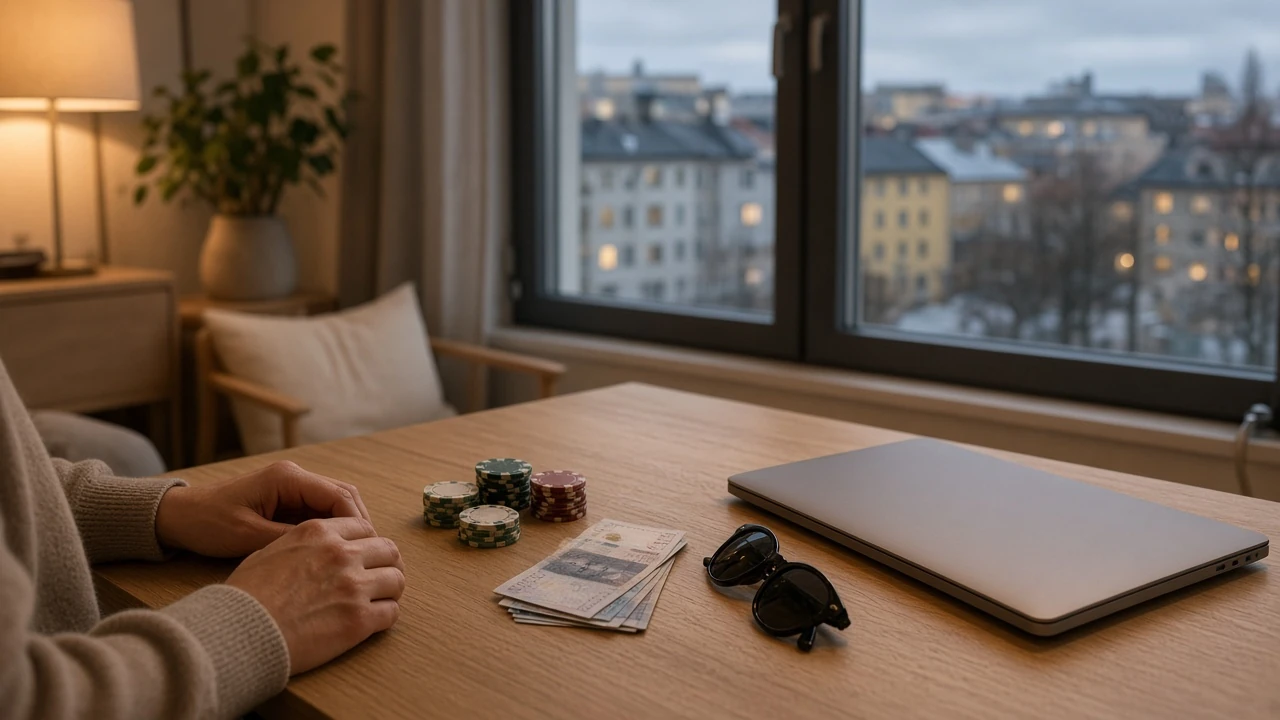 Svensk hemmiljö med casinomarker och sedlar vid ett stängt tangentbord