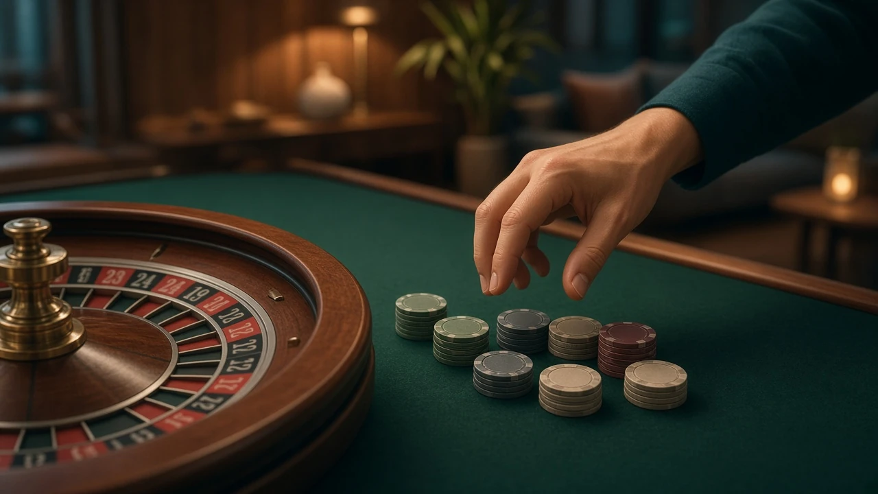 Hand över roulettebord med casinospelmarker i svensk loungedetalj