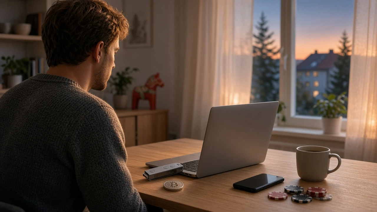 Svensk hemmakontor med kryptoplånbok och casinofigurer vid skrivbordet