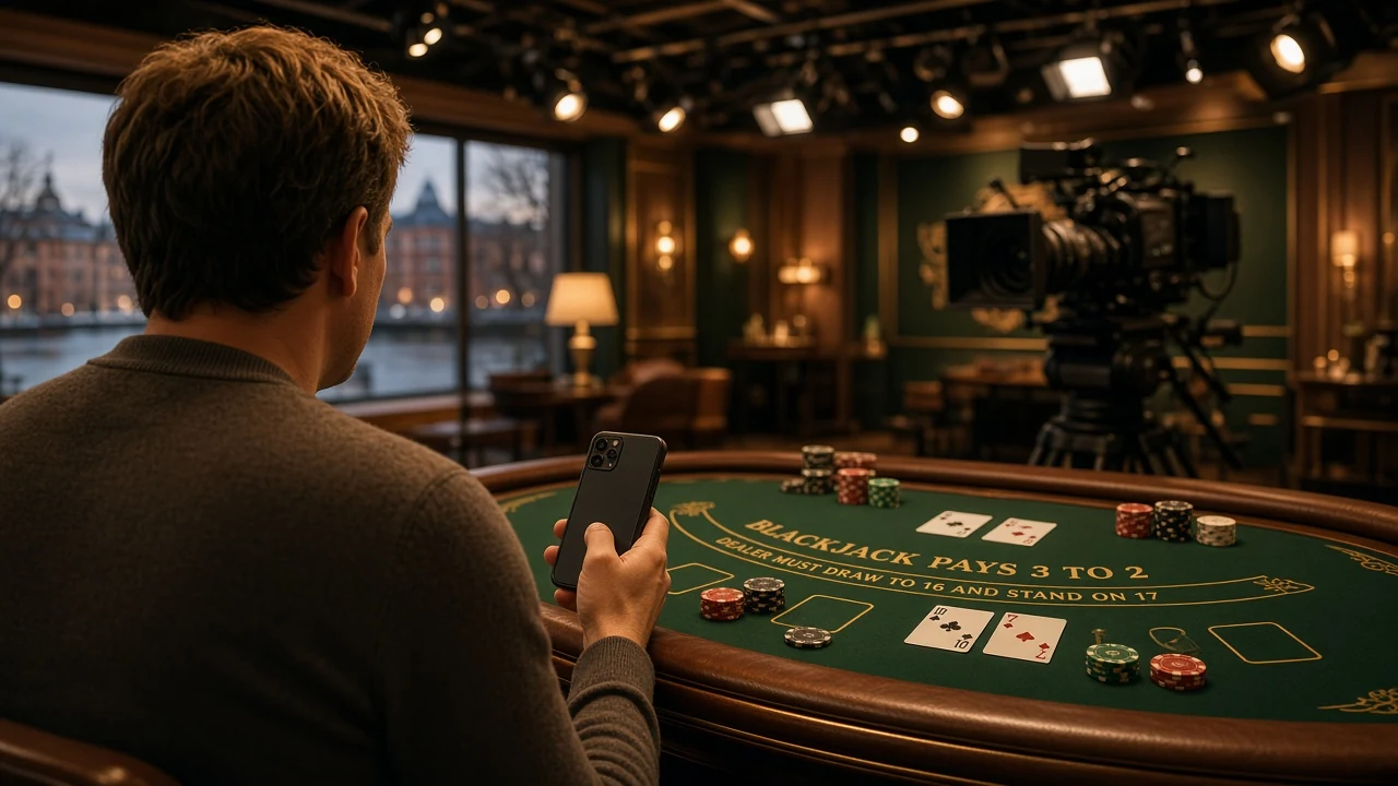 Live blackjack-bord med kort och marker i en casinostudio