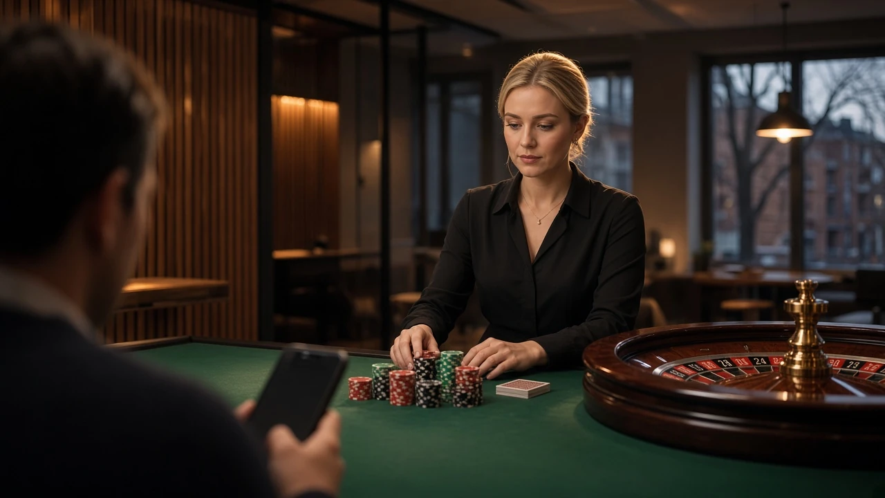 Live dealer vid bordet i ett casinostudio, smartphone i förgrunden