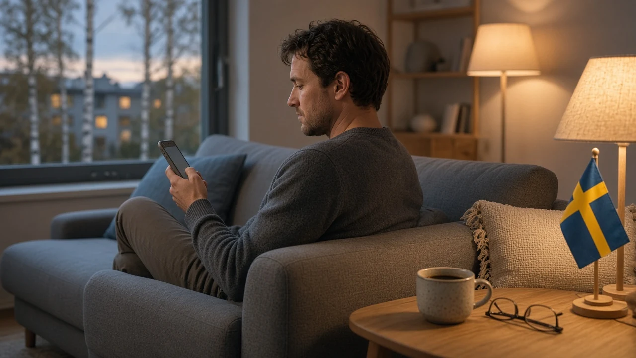 Person som kopplar av i en modern svensk vardagsrum med telefon och svensk flagga