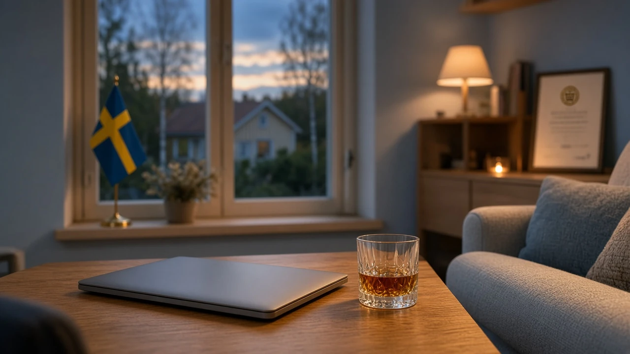 Modernt skandinaviskt vardagsrum med stängd laptop och svensk flagga