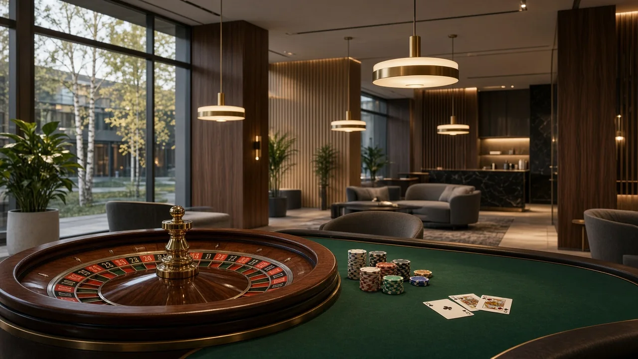 Elegant casinomiljö med roulettebord och marker i skandinavisk design