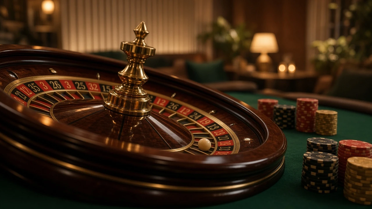 Elegant roulettehjul med marker på ett grönt casino-bord
