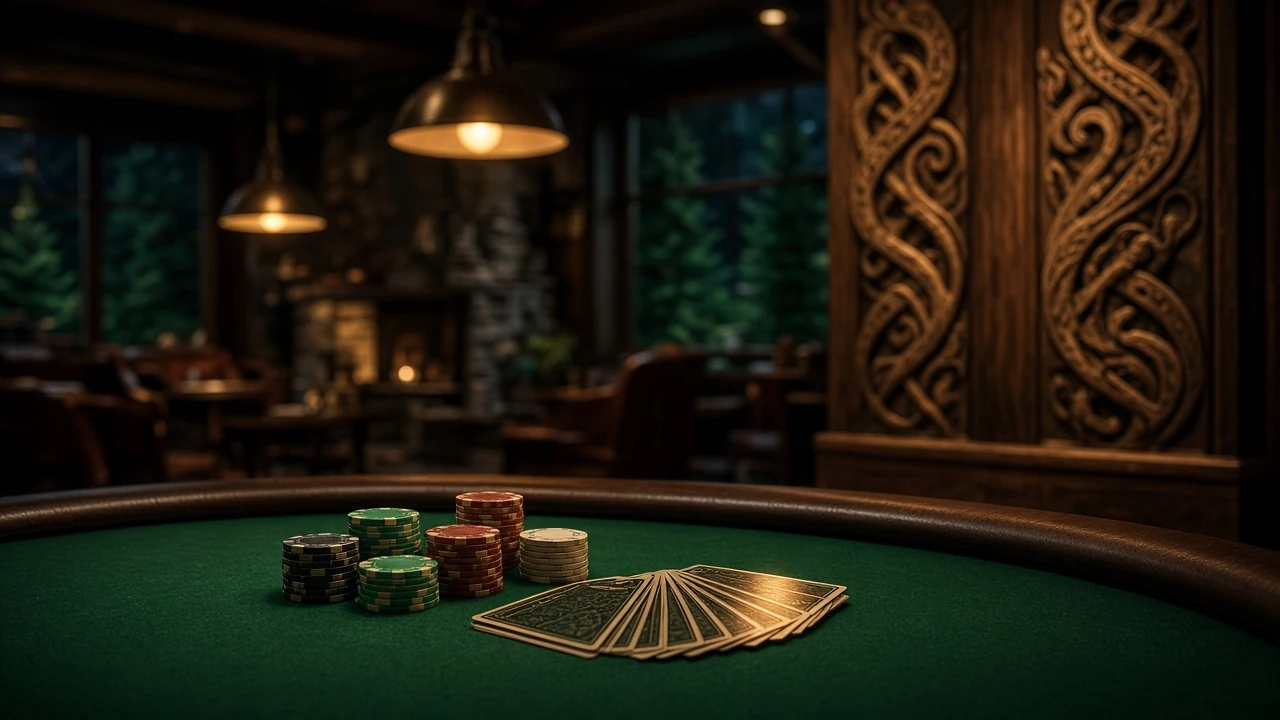 Svenskt casinobord med blackjackfilt och marker i varm belysning