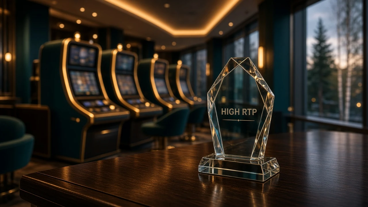 Modern casinolounge i Sverige med en glasstatyett som symboliserar hög RTP