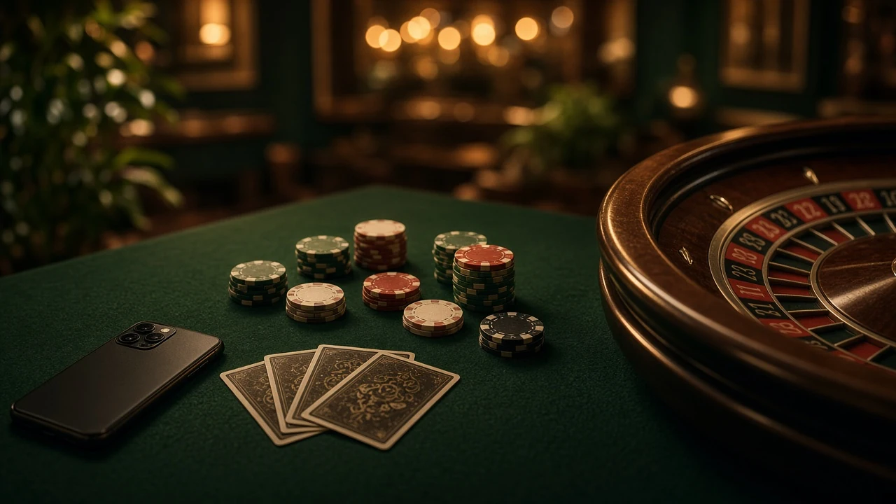 Mörk casinobord med spelmarker, roulettehjul och en nedåtvänd telefon i svensk online casino-atmosfär