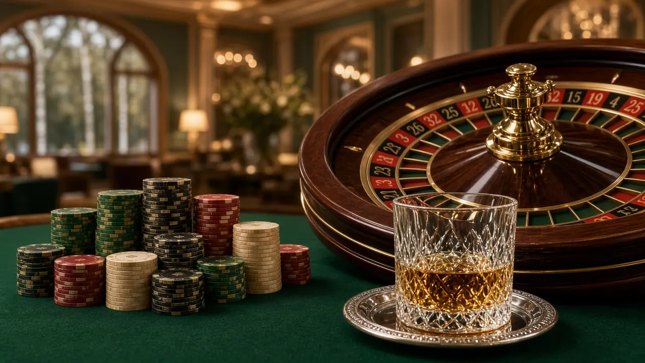 Lyxigt roulettebord med höga casinofighestaplar i elegant skandinavisk VIP-miljö